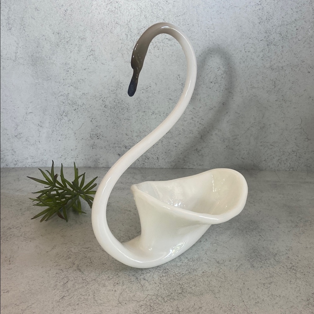 White Glass Swan Bowl Decorative Dish Milk Glass Style Trinket Candy Dish 10”